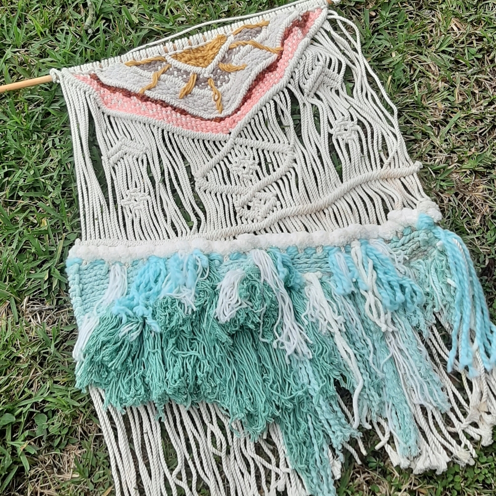 VTG Boho Macrame Pom Pink Blue Wall Art Hanging